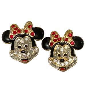 Vintage Disney Minnie Mouse Earrings Post Crystal Rhinestone Enamel Taiwan